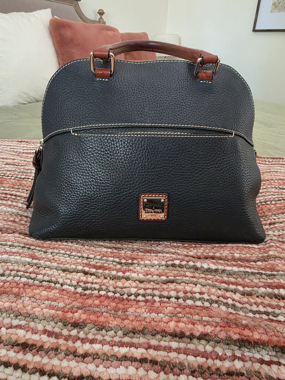 Dooney & Bourke Blue Pebble Leather Satchel with Brown Trim